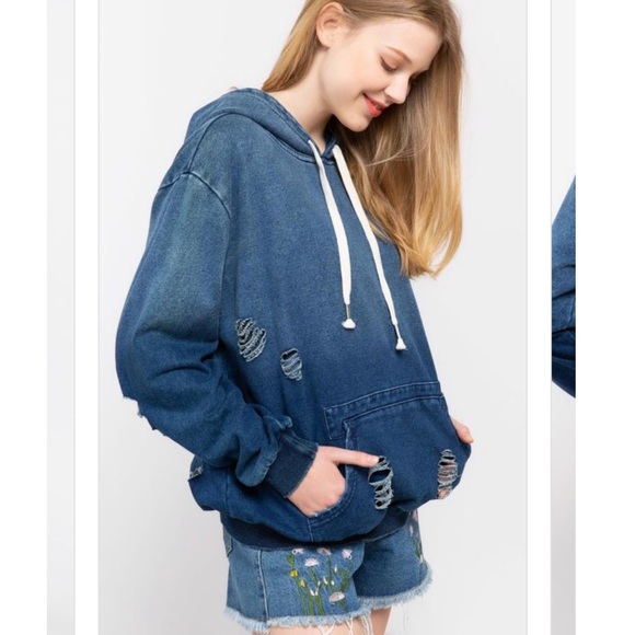 Oatmeal Distressed Hoodie pullover - Picture 4 of 8